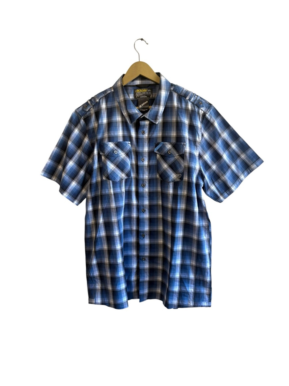 KLIM Mens Large Blue Black Plaid Short Sleeve Button Up Shirt Western Workwear